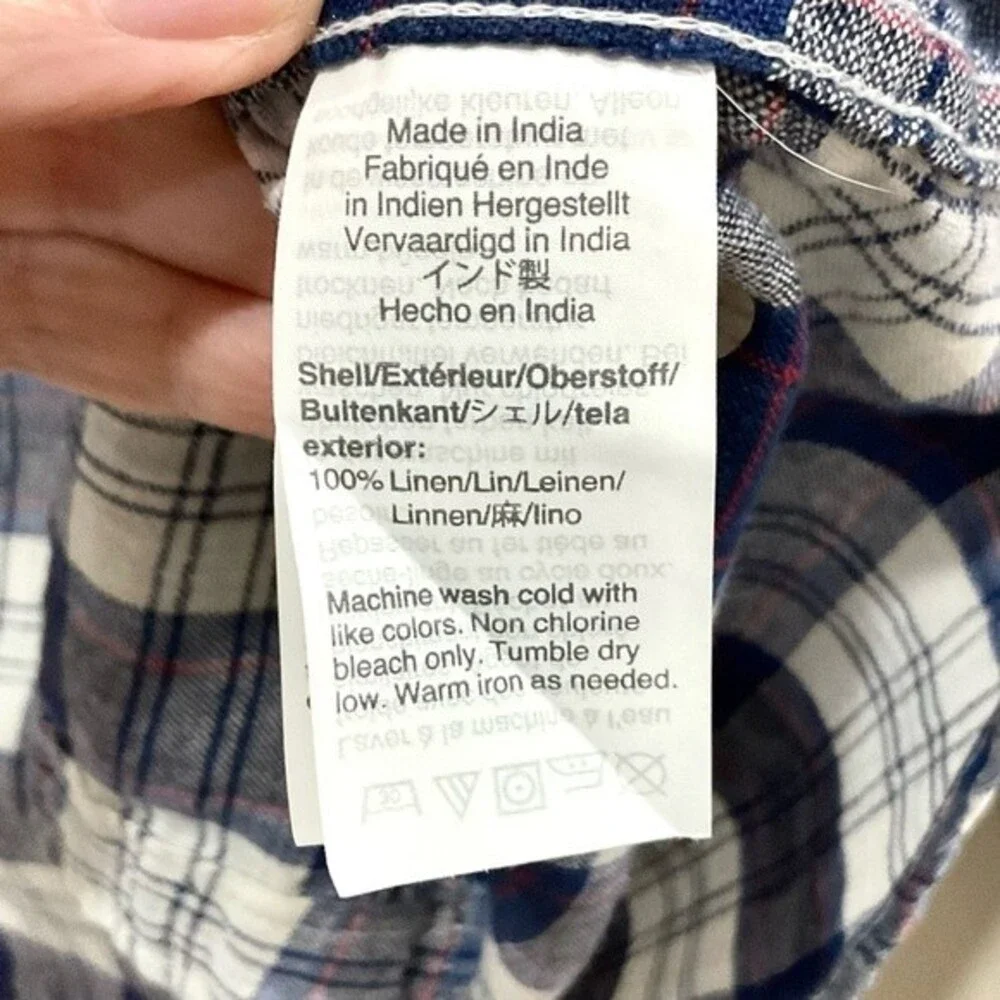 J. Crew Mercantile Linen Shirt Red White & Blue Plaid Men's Sz Med Button Front